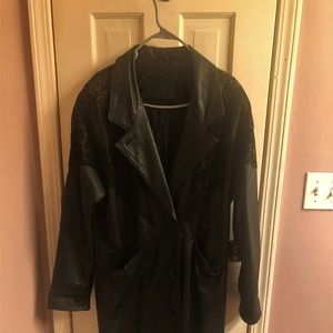 Leather full length coat with embossed detailing